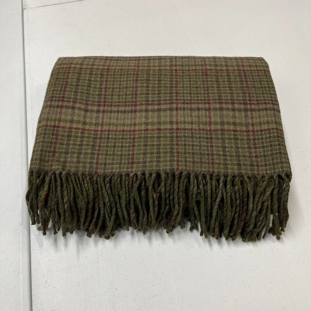 Vintage Lauren Ralph Lauren Green Plaid Wool Alpaca Blend Blanket Throw Fringe